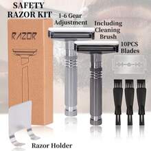Men's Safety Razor Shaving Kit - Classic Stainless Steel Razor With Adjustable Razor Head, 10 Double Edge Blades, 3 Cleaning Brushes, Razor Stand - Ideal Gift For Fathers And Boyfriends, Perfect For Beard And Stubble Care, Shaving Accessories | Classic Razor Design | Durable Razor Stand, Shaving Supplies