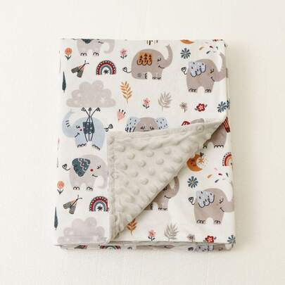 1 件卡通大象、猴子、鳄鱼印花柔软舒适珊瑚绒婴儿毯，四季皆宜