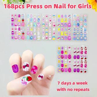 168 stuks kindernagels met druk-op, nepnagels met druk-op nagelkunst, korte nagelplaten in roze serie, met makkelijk te gebruiken achterkant. Festivalcadeau voor kinderen, kerstcadeau. 7 stijlen met oceaanstijl, strik, dieren, bloemen, vuurwerk en andere elementen die kinderen leuk vinden, laat ze het in het festival verdubbelen.