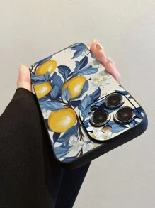 1 pieza Funda transparente reforzada y a prueba de caídas para teléfono con borde recto y perforado, estampado floral y de árbol de limón colorido
