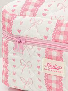1 Piece Plaid Lace Quilted Pink Zipper Bag Sweet Style Large Capacity Bow&Love Portable Zipper Makeup Bags Fashionable Portable Makeup Bag, Multi-Functional Storage Bag For Lipstick, Sanitary Napkin, Coins, Keys Etc Women Skincare Organizer Bag Print Flower Makeup Organizer Storage Bag Graduation