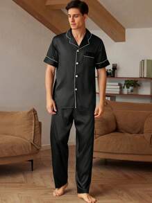 Plus Size Men's Summer Pajama Set - Casual V-Neck Short Sleeve Button-Up Top And Long Pants, Breathable Polyester, Machine Washable, Plus Size