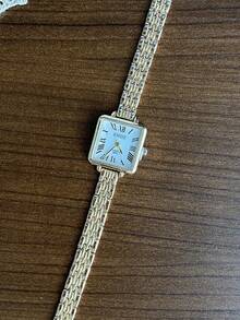 1 件石英锌合金复古方形金色表盘简约表带腕表，适合日常佩戴 - 均碼 - 查看 7