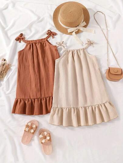 2 Pcs/Set Cute Girls Summer Dress, Sleeveless Ruffled Hem Casual Versatile Princess Dresses For Young Girl