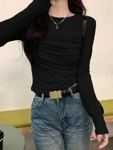 新款韩版极简纯色性感褶皱修身长袖休闲女式T恤 黑色 春季 - 黑色 - 查看 2