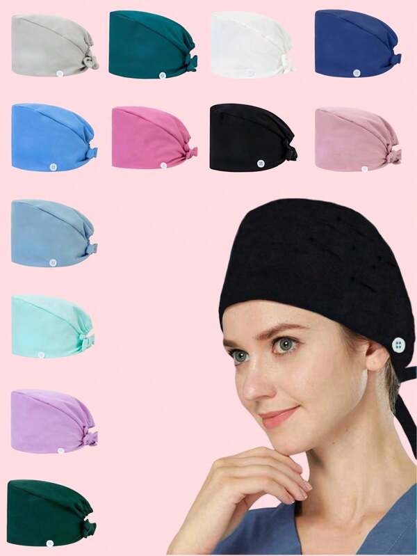 1 pieza Gorro de trabajo de unicolor de alta calidad de poliéster, unisex, antibacteriano y antipolvo, con banda antisudor, cierre con botón en los lados, apto para hospitales, cirugía, enfermería, belleza, ama de llaves y limpieza