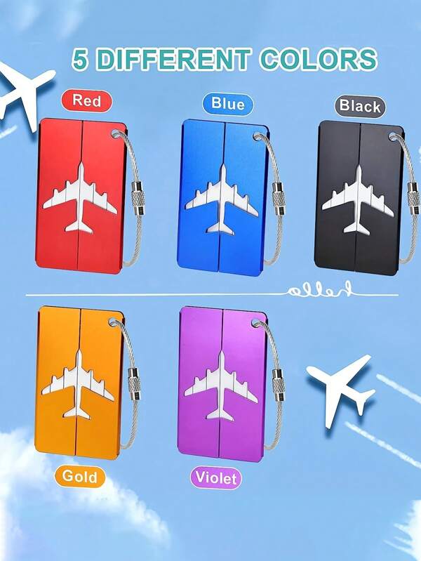 Lot de 5 étiquettes à bagages en alliage d'aluminium avec anneaux de sécurité en acier, durables et à la mode, idéales pour une identification facile.