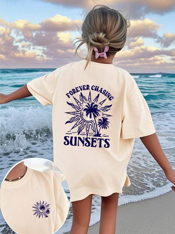 1pc Girls' Palm Tree Print Casual T-Shirt, Comfortable & Fashionable Summer Top For Young Students
