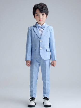 全新男童西装正式套装，包括西装外套、裤子和领结，适合演出、钢琴演奏、婚礼、选美