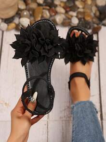 New Plus Size Women Comfy Simple Round Toe Elastic Band Lotus Decor Flat Sandals, Casual Fashion Open Toe Slip On Beach Summer Shoes - Black - View 2