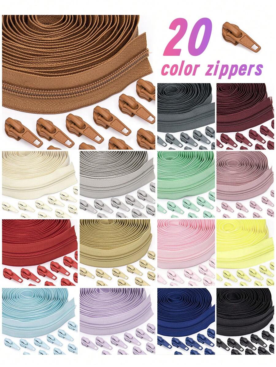 1 Conjunto = 4,50 m Zíperes + 10 Puxadores de Zíper, Zíperes de Nylon 5#, 20 Opções de Cor, Puxadores de Zíper Combinando, Adequado para Vestuário, Bolsas, Têxteis Domésticos, Almofadas, Edredons