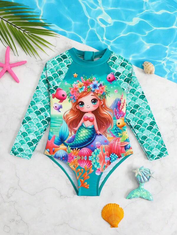 Traje de baño de una sola pieza con estampado de sirena lindo para niña joven de manga larga