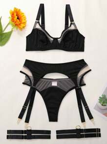 Conjunto de lencería sexy para mujer compuesto por 3 piezas: corpiño con encaje floral, sujetador y liguero con soporte de acero