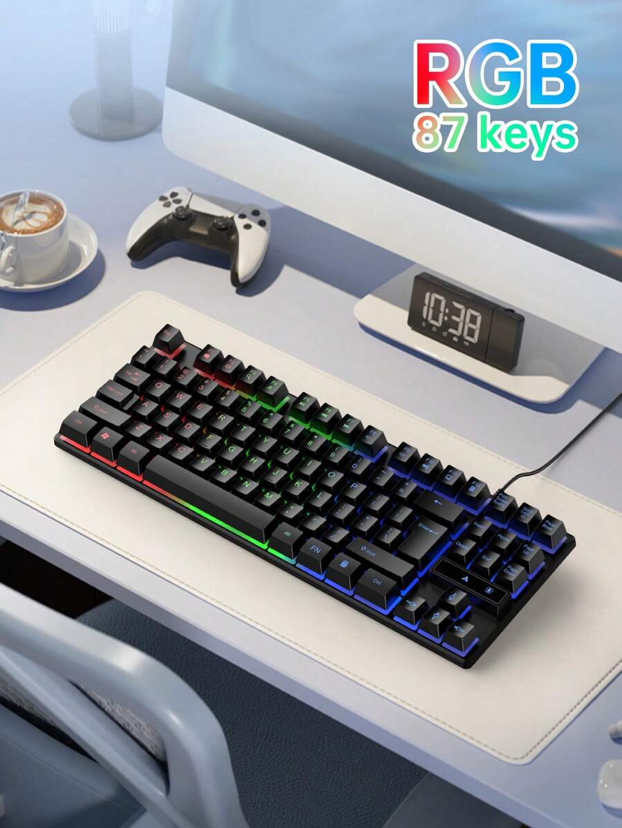 1 pieza Teclado de juego con retroiluminación RGB K87Pro, teclado compacto de 87 teclas con sensación mecánica y cable