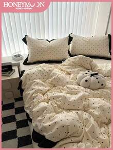 2/3pcs Set Cute Solid Color Ruffle Duvet Cover Set, Includes 1pc Duvet Cover And 1/2pcs Pillow Shams, Soft & Breathable, Fashionable & Adorable, Ideal Bedding Decor For Bedroom & Dorm, Fits Twin, Full, Queen, King Size Beds, Oeko-Tex Certified - Apricot - View 3