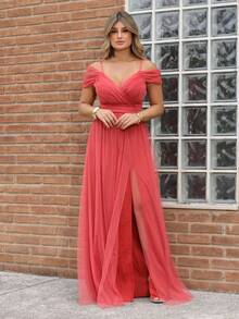 Elegant Off-The-Shoulder Long Dress Without Shine - Burnt Orange - View 3