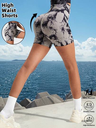 女士户外高腰透气无缝扎染印花瑜伽短裤，时尚运动骑行短裤
