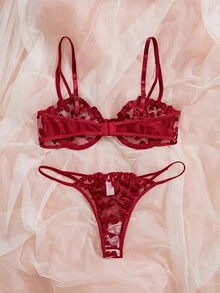 ROMWE Kawaii Women's Heart Mesh Splice Sexy Lingerie Set, Rave, For Valentine's Day