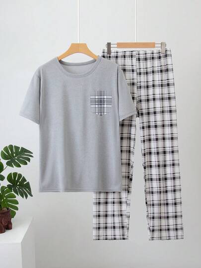 2pcs Men's Lightweight Pajama Set, Short Sleeve Top And Long Pants, Men's Spring/Summer Plaid Striped Loungewear Set