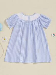 Girls' Summer Dress Embroidery Striped Short Sleeve Dress Round Neck Toddler Play Dress Lightweight Breathable - Blue - View 8