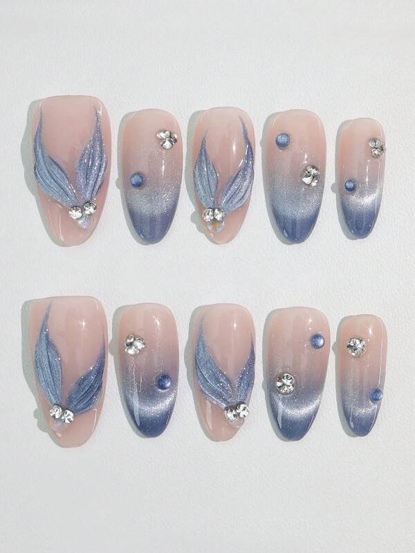 10pcs Handmade Freehand Painted Cat Eye French Manicure 3D Mermaid Nail Art Rhinestone Stickers