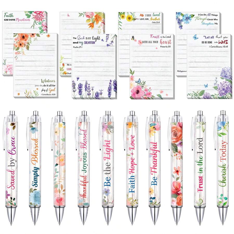 [Inspirational Scripture Pens] 18pcs Christian Gifts Set - Bible Verse Ballpoint Pens & Sticky Notes - Floral Design, Retractable, Medium Point, Plastic Back To School