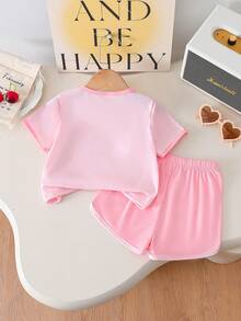 2pcs/Set Girls Cherry Print Top + Minimalist Versatile Shorts Set - Pink - View 2