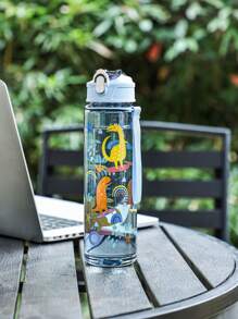 1 pieza Botella de agua a prueba de fugas de 800 ml con diseño de patrón de animal de dibujos animados lindo (dinosaurio, arcoíris), con pajita, correa de transporte y diseño a prueba de golpes - Adecuado para viajes, exterior, estudiantes, guardería, práctico para uso escolar