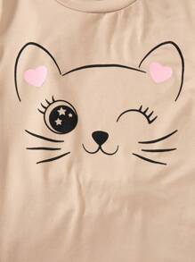 3pcs/Set Girls Cartoon Cat Print Solid Color Round Neck Short Sleeve T-Shirt And Shorts Set