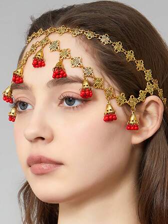 1 件复古风格铃铛装饰仿珍珠流苏头饰链，新娘珠宝发饰，适合女士，日常使用