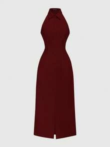 Vestido blanco elegante de trabajo, modelo nuevo 2025, diseño clásico de vestido camisa, ceñido al Body, vestido de playa con cuello halter sin mangas color burdeos para mujer