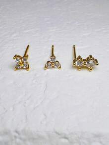 Bộ 3 khuyên tai kẹp vành tai đính đá CZ, mạ vàng 14K, hình hoa tròn đính đá Cubic Zirconia, kiểu dáng thời trang không gây dị ứng, phù hợp với nhiều lỗ xỏ tai, dành cho nữ. - Vàng-3# - Xem 2