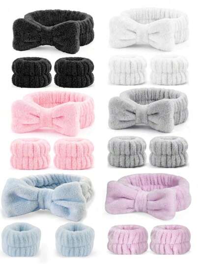 1 Face Wash Headband/2 Face Wash Wristbands/3 Sets Of Spa Headbands, Makeup Headbands, Face Wash Headbands, Skin Care Headbands, Bows, Bubbles, Spa Headbands, Wristbands, Sets Of Hair Accessories For Women And Girls