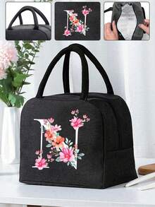 1pc Letter Print Insulated Lunch Bag, Thermal Lunch Tote, Handbag, Lunch Box, Ice Pack, Picnic Food Tote Bag, Canvas Lightweight Portable Lunch Storage Bag, Ideal For School, Office, Picnic, Birthday Gift, Souvenir. This Is A Novel Design With Large Capacity Portable Casual Lunch Insulation Bag, An Ideal Tote Bag For School Supplies. - Black - View 5