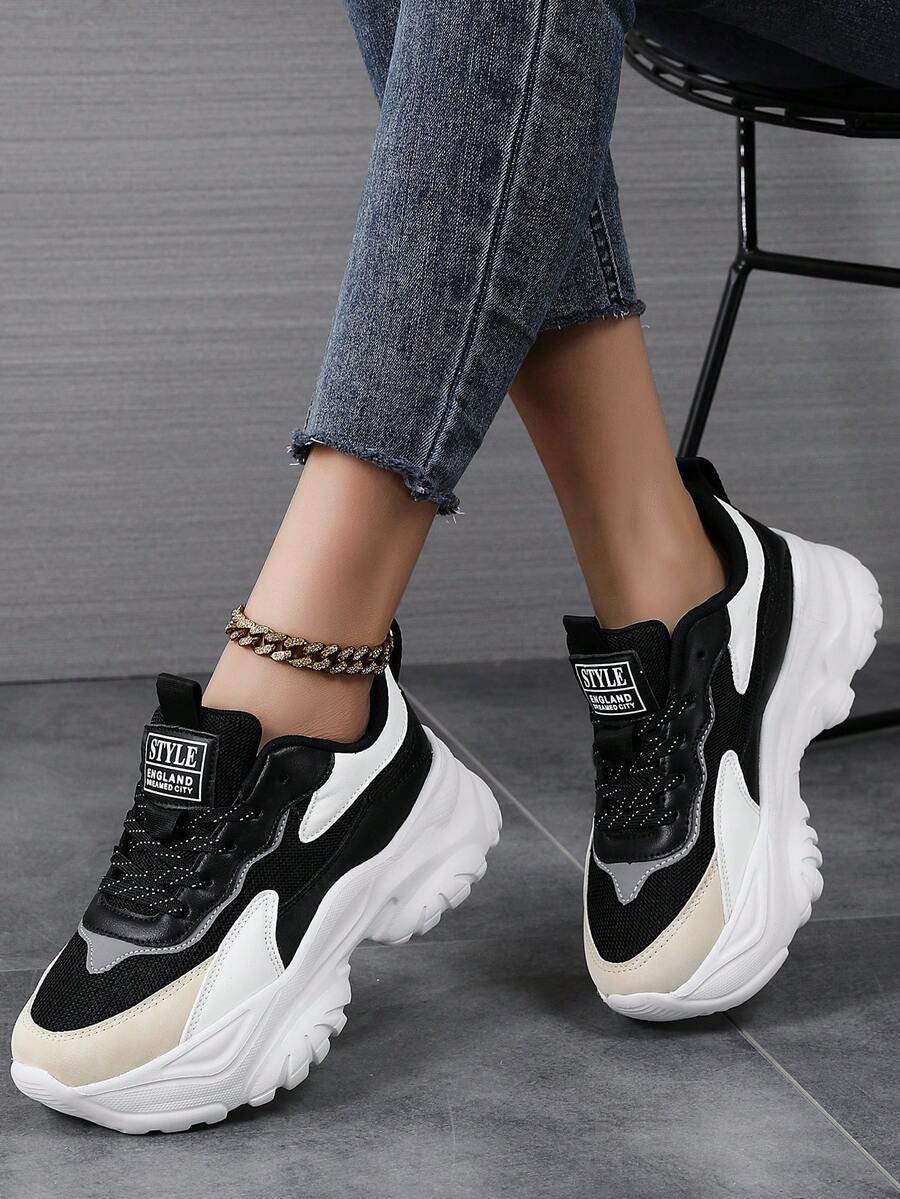 2025 Women's Fashion Color Block Platform Chunky Sneakers, With Breathable Mesh Upper And EVA Sole, Lace-Up Low-Top Casual Elevator Shoes, In Black/Grey/Beige/White - Multicolor - View 1