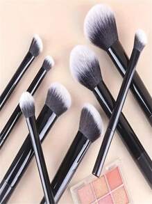 8-Piece Black Portable Makeup Brush Set, Made Of High-Strength Plastic Handles, Lightweight , Premium Synthetic Bristles, Soft And Smooth, Suitable For Makeup Enthusiasts