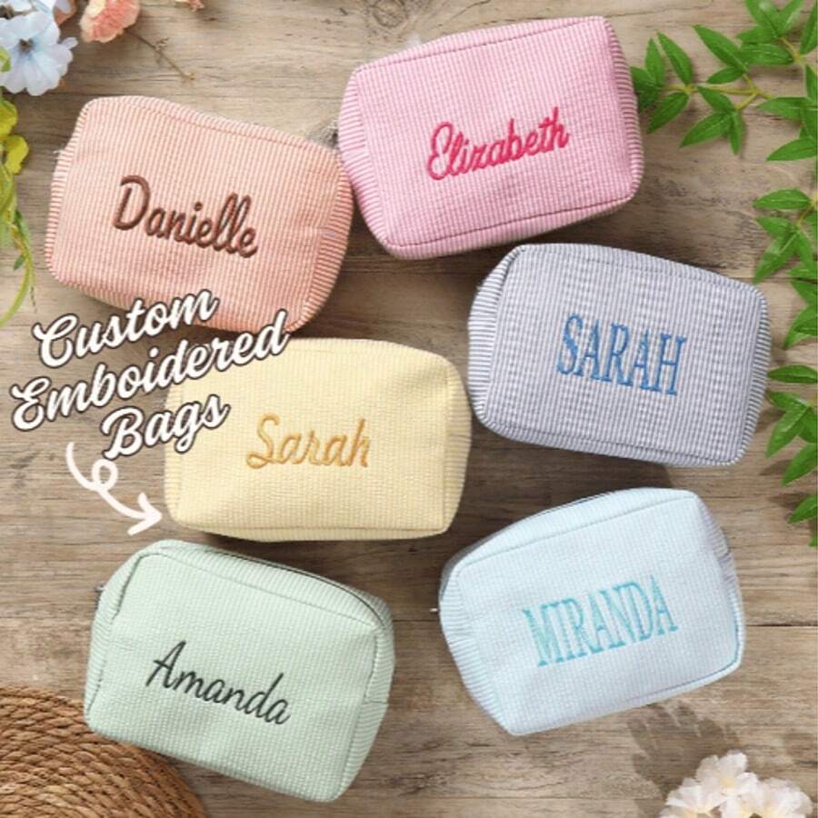 Corduroy Makeup Pouch Custom, Embroidered Name Makeup Bag, Travel Makeup Bag, Sanitary Napkin Storage Bag, Personalized Storage Bag, Makeup Bag, Travel Accessories Multi-Functional, Space-Saving, Letter, Striped Exquisite, Stylish, Tidy, Contracted, Casual, Basics Unique Treasurefinds, Adorable, Contracted, Monogrammed