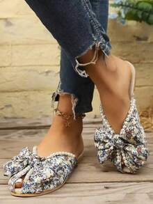 女士印花休闲蝴蝶结装饰拖鞋，仿珍珠装饰平底沙滩凉鞋