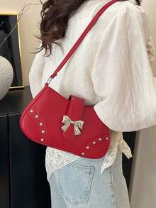 New Fashion Casual Shoulder Women PU Leather Solid Black, Coffee, Khaki Bow Metal Decor Underarm Pouch Cosmetic Bag - Burgundy - View 4