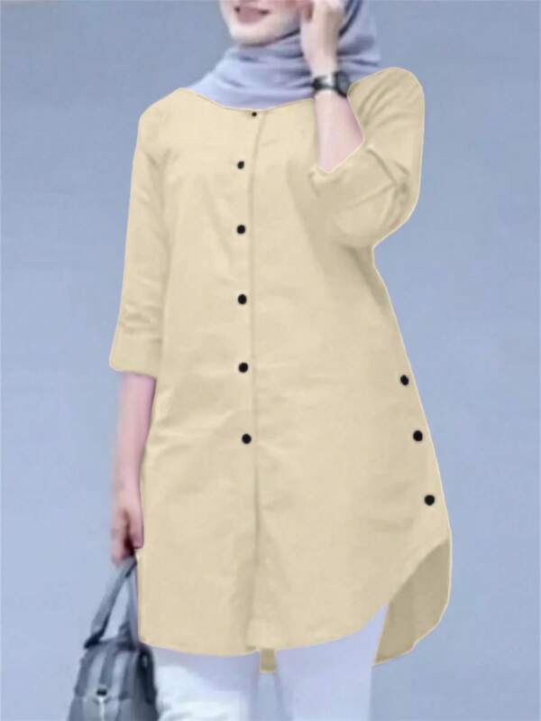 Women's Solid Color Cuff Sleeve Single-Breasted Casual Shirt, Modest