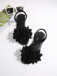 New Plus Size Women Comfy Simple Round Toe Elastic Band Lotus Decor Flat Sandals, Casual Fashion Open Toe Slip On Beach Summer Shoes - Black - View 7