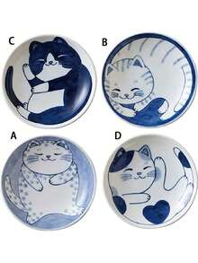 1/4 件日式陶瓷甜品酱料盘餐具创意可爱卡通招财猫图案水滴形水果寿司盘，学校用品