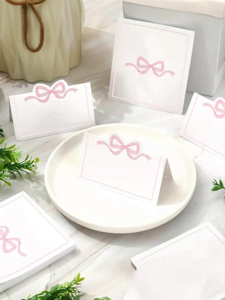 6 piezas Tarjetas de mesa con lazo rosa, tamaño 2x3.5 pulgadas, lindas, en blanco, apropiadas para boda, cumpleaños, camping, etiquetas de nombre y ubicación, suministros de decoración de escritorio para fiestas