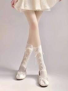 1 双女士甜美可爱镂空白色蕾丝蝴蝶结设计及膝袜，时尚透气，适合日常穿着，Y2k - 白色 - 查看 2