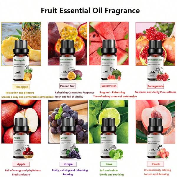 1 قطعة زيت أساسي للفواكه 10 مل / 0.33 أونصة سائلة. روائح من فواكه مثل الباشن فروت والتوت الأحمر والمانجو والبطيخ والكرز والليمون والتفاح والجوز الهند والفراولة. استخدام الروائح العطرية للاسترخاء في السبا والحمام والمرطبات والنشر العطري