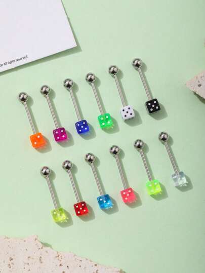 12-Pc Acrylic Body Piercing Assorted Color Cube Bar Tongue Rings, Fashionable European And American Style