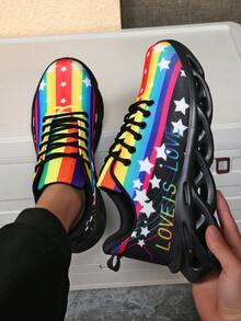 男士街头时尚多色彩虹星纹扭底休闲运动鞋，户外经典刀锋底舒适情侣日常百搭四季跑步鞋 - 黑色 - 查看 7