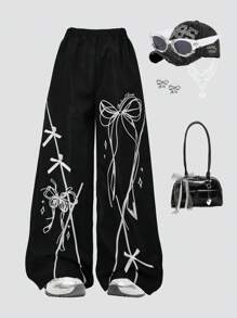Fashionable Casual Punk Girls' Casual Pants With Bow Print Pattern Paired With Black Pants, Perfect For Outdoor Wear In Spring And Summer, Gatherings, And Schools ﻿