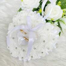 1 pieza Caja de anillo con forma de corazón romántica con rosa decorativa y rhinestones - cada centro de flor está decorado con piedras de cristal premium, adecuado para cualquier boda
