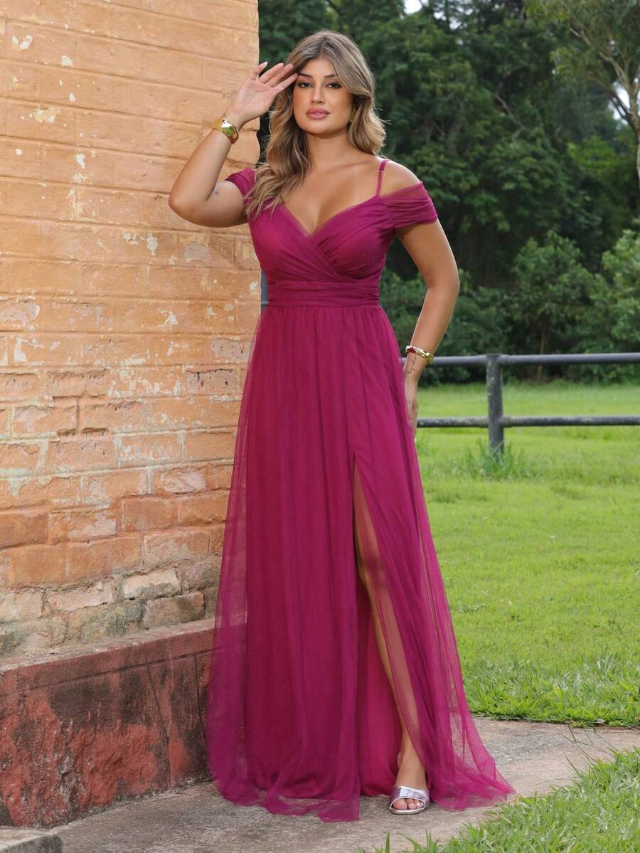 Elegant Off-The-Shoulder Long Dress Without Shine - Rose Red - View 1